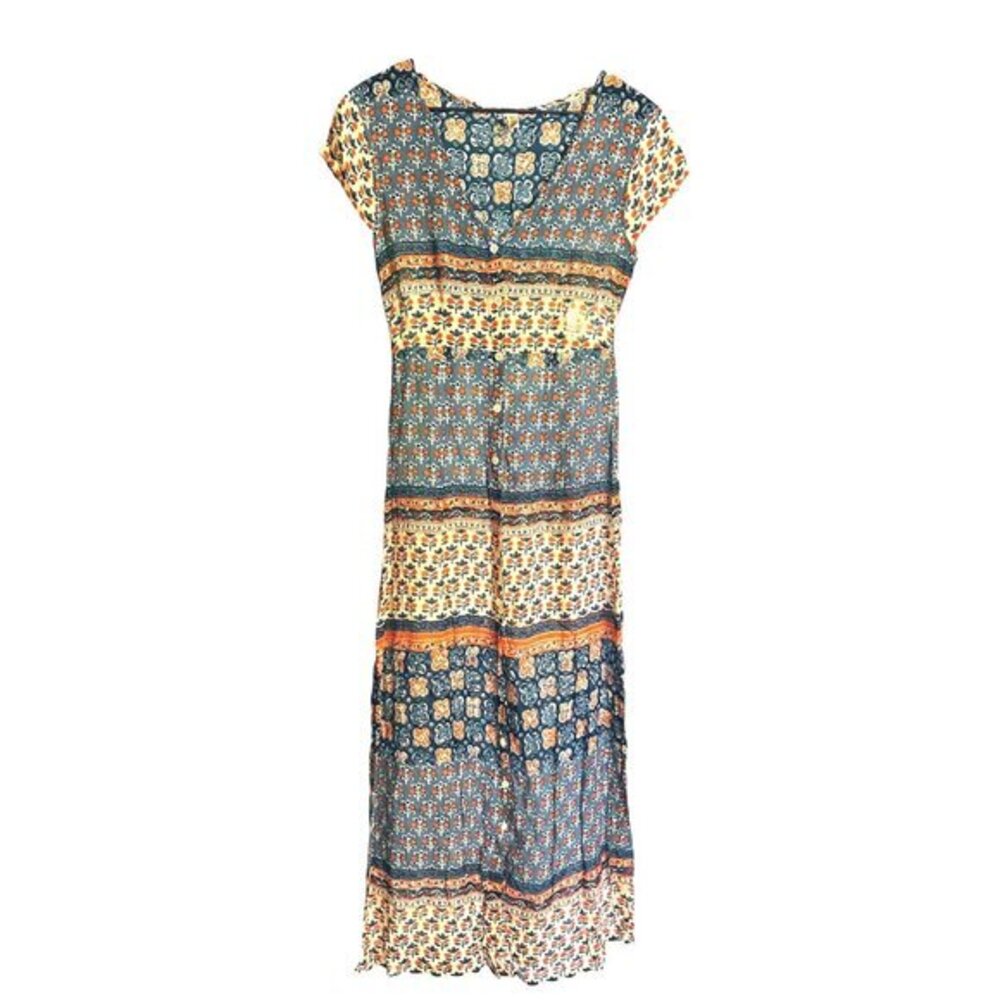 Anthropologie Raga Autumn Meadow Maxi Dress XS Blue Orange Ivory Boho